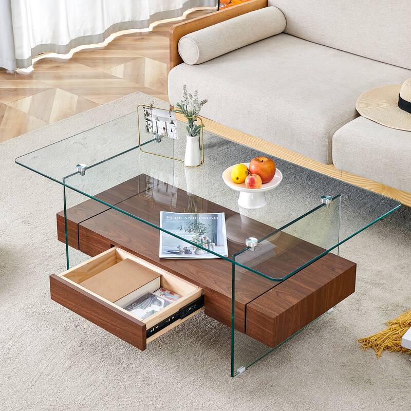43.3 Inch Double Layer Coffee Table Storage Side Table with Open Storage Shelves, Drawers Glass Center Table End Table - Transparen
