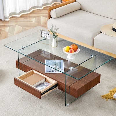 43.3 Inch Modern Two-Tier Coffee Table - Clear Tempered Glass and Walnut Grain Texture, Multifunctional Storage Design.T