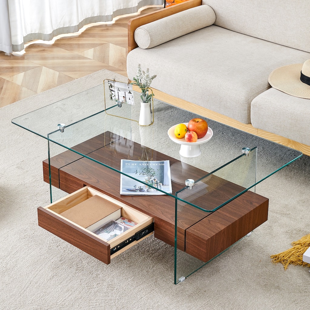 43.3 Inch Modern Two-Tier Coffee Table - Clear Tempered Glass and Walnut Grain Texture, Multifunctional Storage Design.T