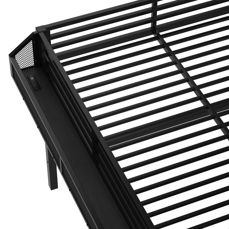 Queen Size Loft Bed with Storage Staircase & Open Wardrobe, Metal Kids Teens Bed Frame with Charging Station & LED Light