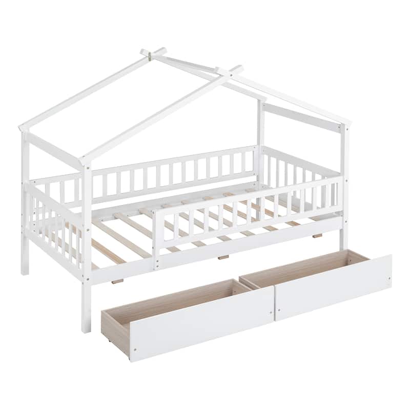 Wooden Twin/Full House Bed with Drawers, Imaginative Play Design, and Storage for Kids, Available in Multiple Colors