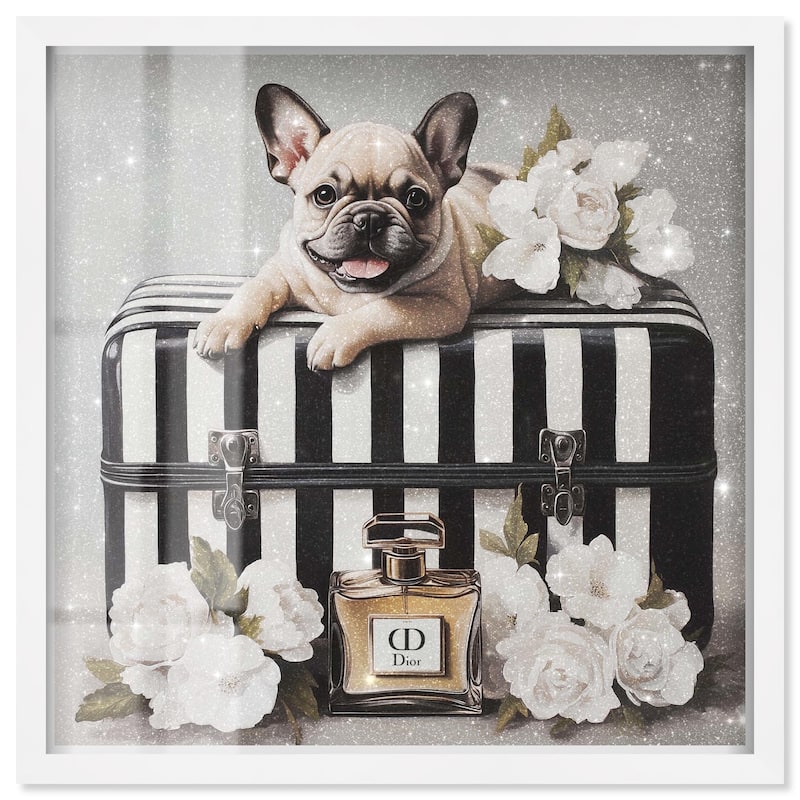 Frenchie Luggage Flowers Shadowbox by Art Remedy - White - 30" x 30"