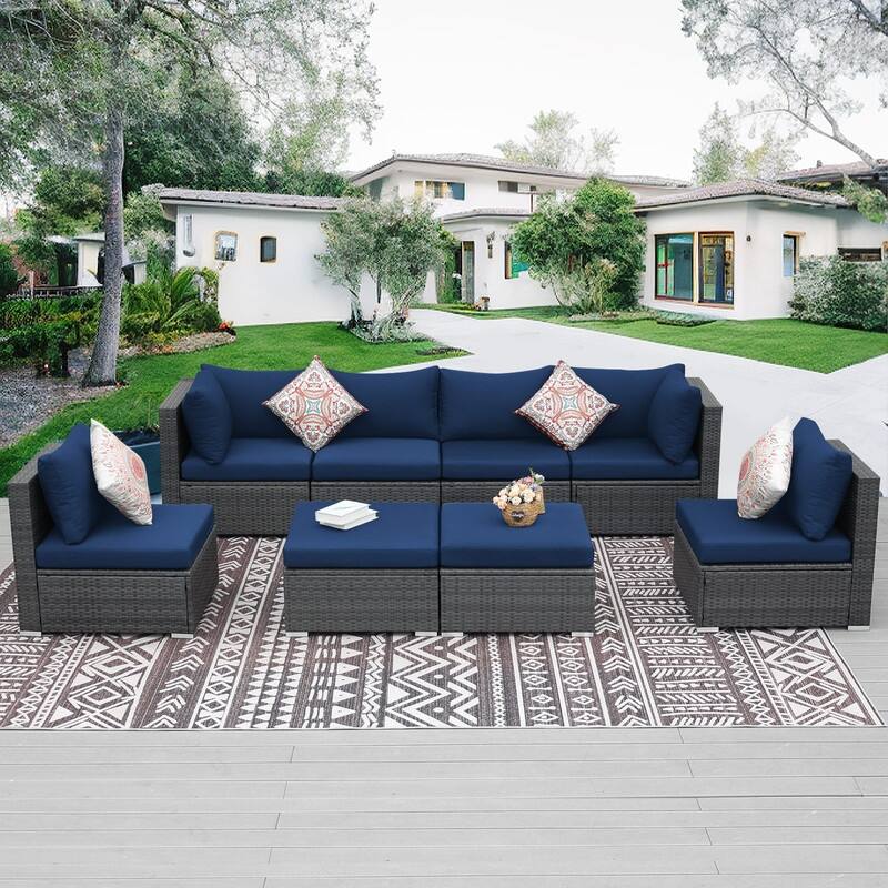 FINCATI Outdoor High-back Wicker Patio Sectional Set, 500 lbs Luxury Oversized Conversation Set, Spacious Couch Set - 8 Pieces - Navy Blue