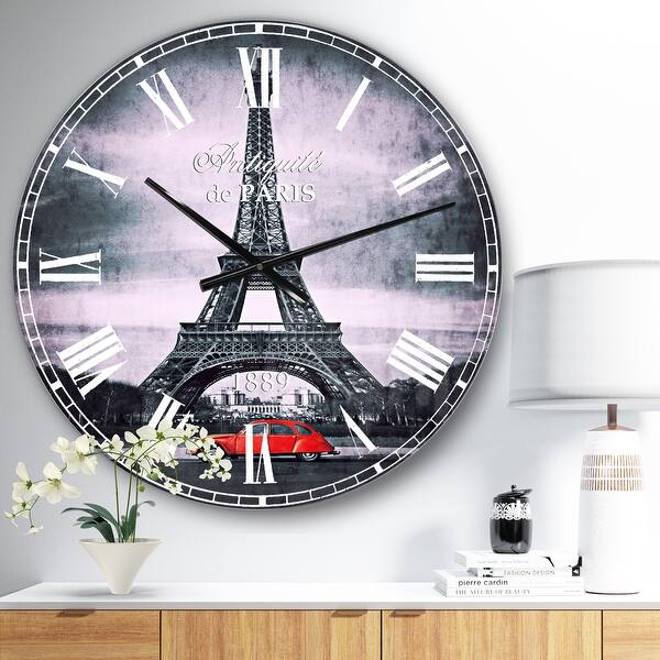 slide 2 of 10, Designart 'Eiffel and Old Red Car' Landscape Oversized Wall CLock