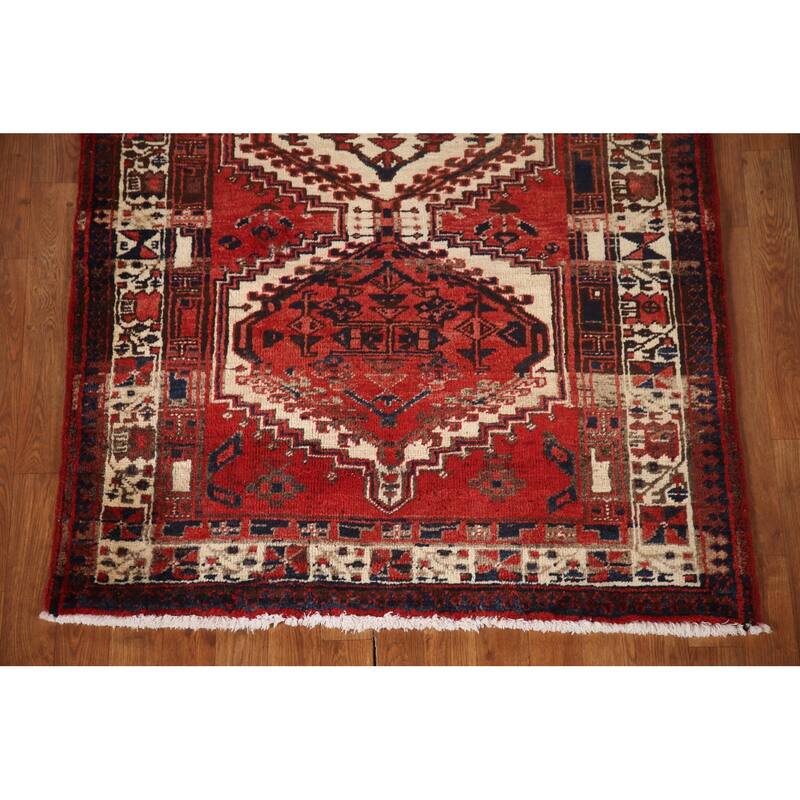 Geometric Ardebil Persian Vintage Runner Rug Handmade Red Wool Carpet - 3'9"x 13'10"