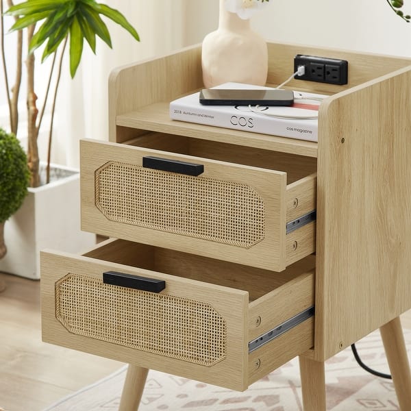 Rattan Drawer Bedside Set of 2 with Socket and Open Bookshelf — free download