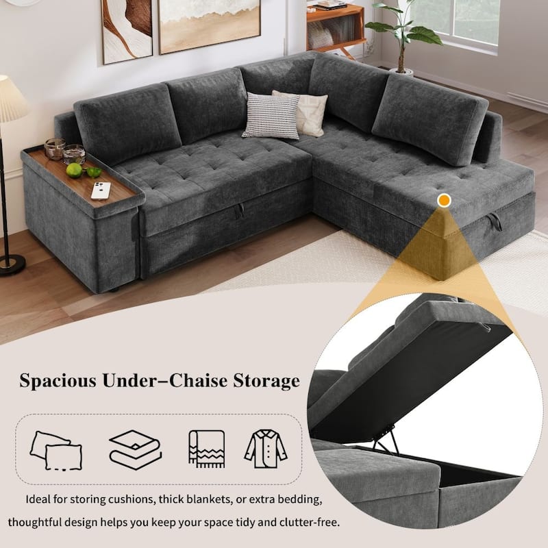 91.5'' L-shaped Sectional Sofa Sleeper Sofa Couch with Pull Out Bed with Hidden Storage
