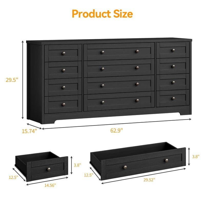 Dresser for Bedroom,Withe Long Wood Dresser with 12 Drawers,Storage Chest of Drawers with Plug-in Charging Hub - Black