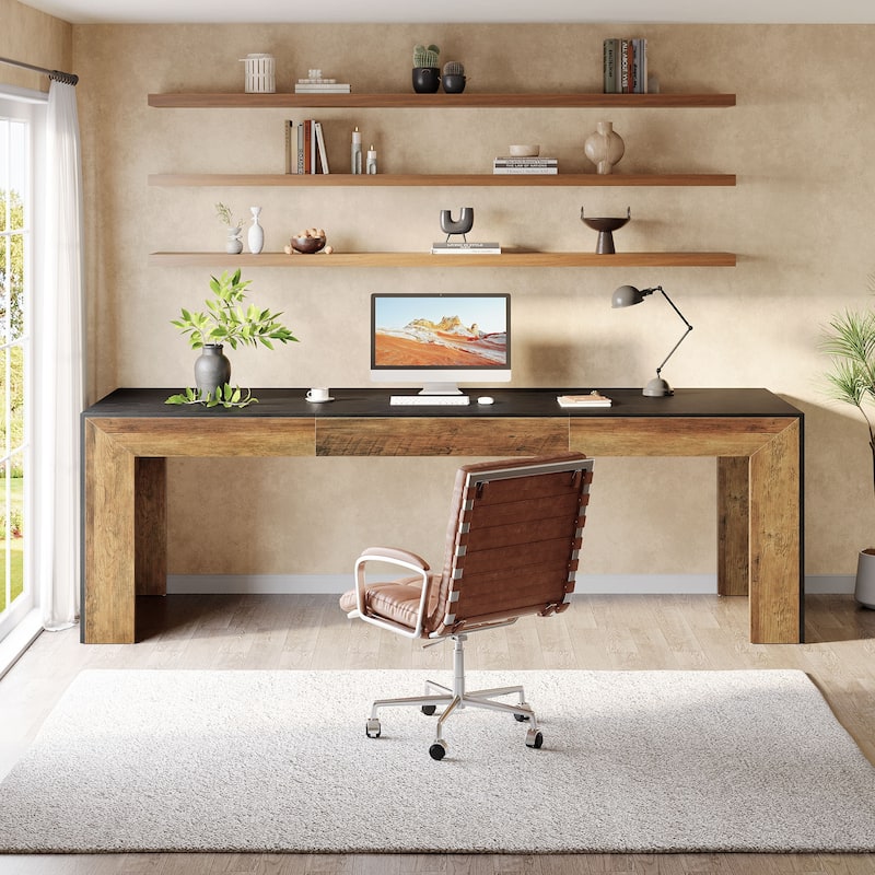 Wood Executive Desk Workstation, 78.7" Computer Desk, Home Office Writing Gaming Table Accent Desk