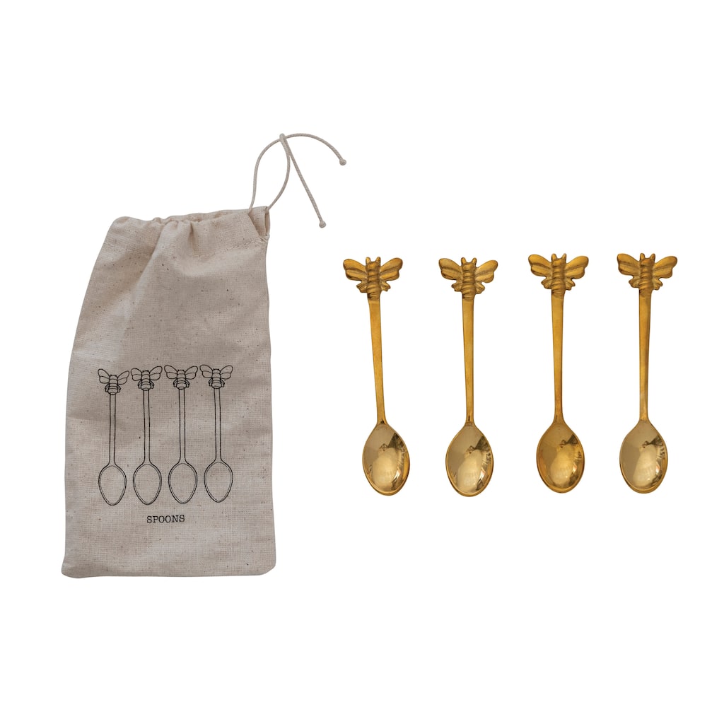 Brass Spoons with Bee Handles in Drawstring Bag - 4.5"L x 1.0"W x 0.3"H - 4.5"L x 1.0"W x 0.3"H