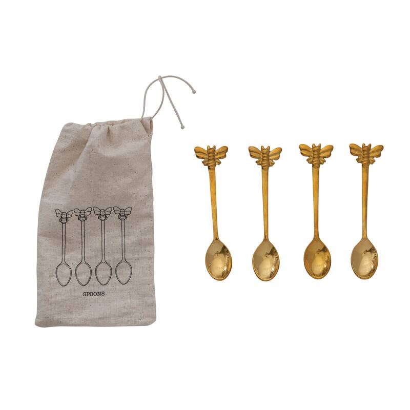 Brass Spoons with Bee Handles in Drawstring Bag - 4.5"L x 1.0"W x 0.3"H - 4.5"L x 1.0"W x 0.3"H - Brass