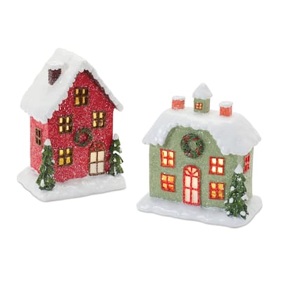 Set of 2 Red and Green LED Lighted Winter Christmas Village Houses 6"