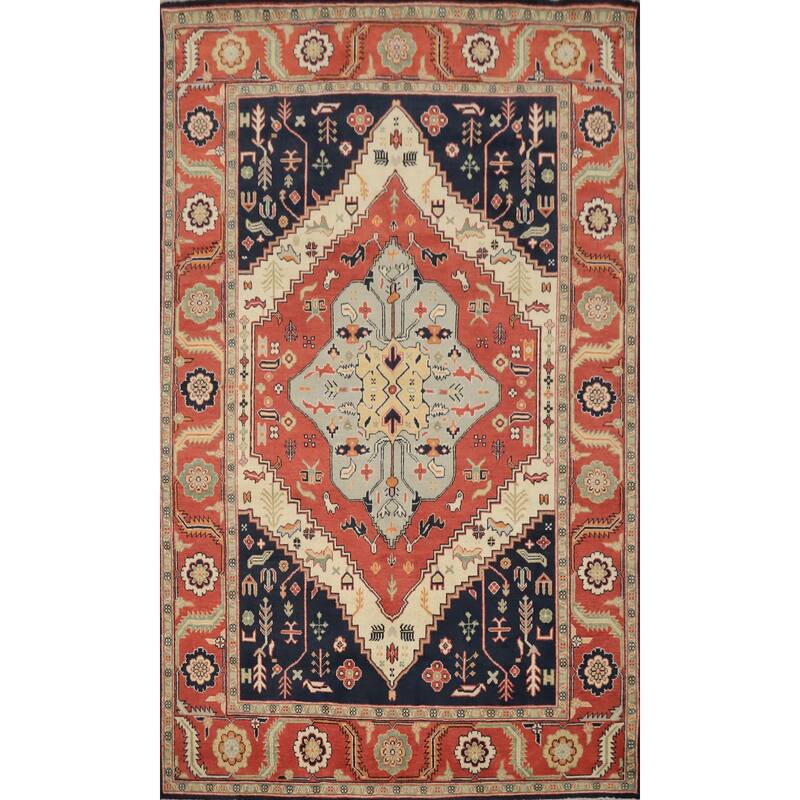 Hand Knotted Oriental 100% Wool Carpet Traditional Medallion Oranges & Rust Heriz (serapi) Area Rug - 8' 11'' X 6' 2''