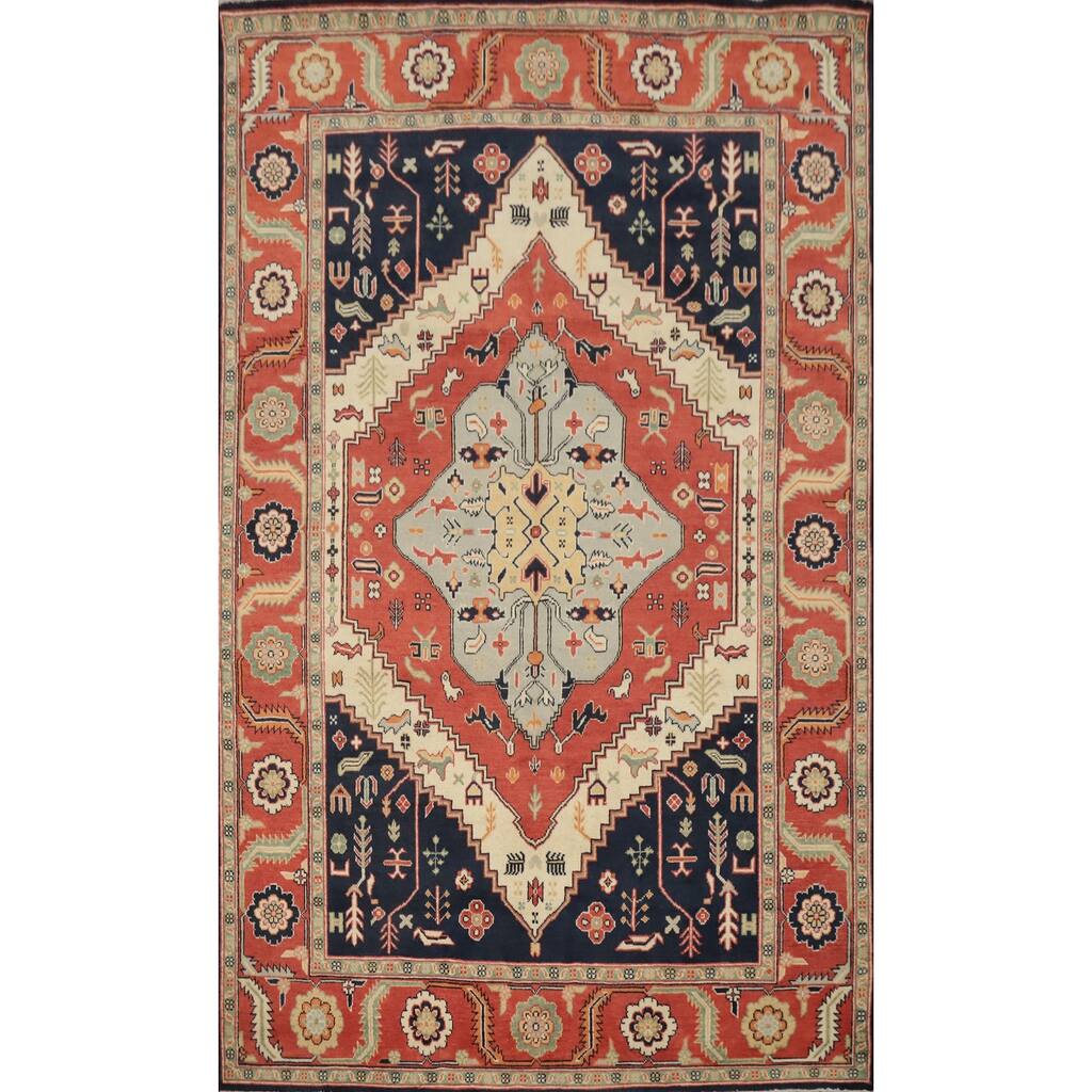 Hand Knotted Oriental 100% Wool Carpet Traditional Medallion Oranges & Rust Heriz (serapi) Area Rug - 8' 11'' X 6' 2''