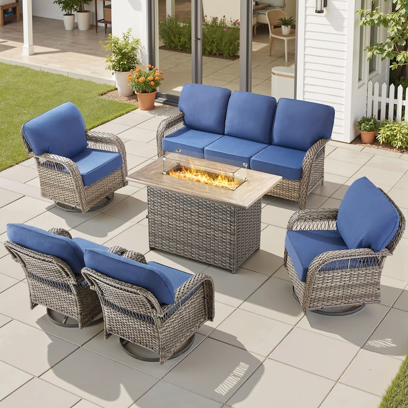 Pocassy Outdoor Fire Pit Table with Swivel Chair Sofa Ottoman Set. - Gray Wicker Blue Cushion - 6-Piece Sofa Swivel Chair w/ Fie Pit Table
