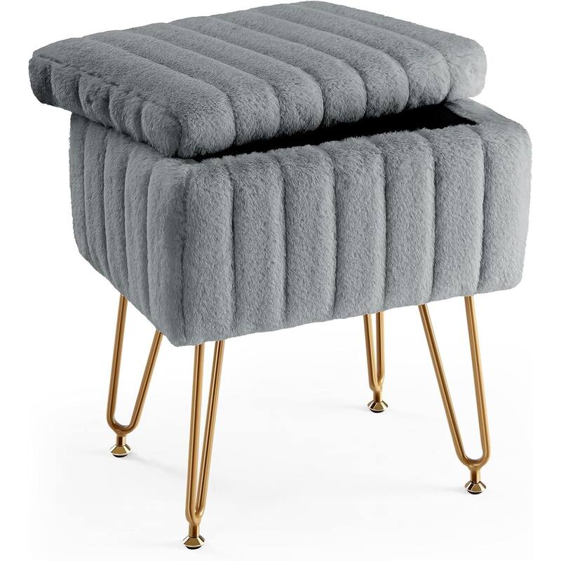Vanity Stool Chair with Storage, Ottoman Boucle Soft Padded Makeup Footstools Seat 1PCS - 12.2"D x 16"W x 18.9"H