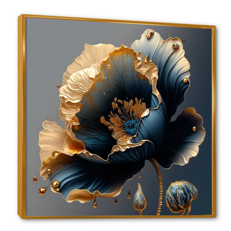 Designart "Deep Blue And Gold Single Flower IV" Floral & Botanical Framed Canvas Art Print