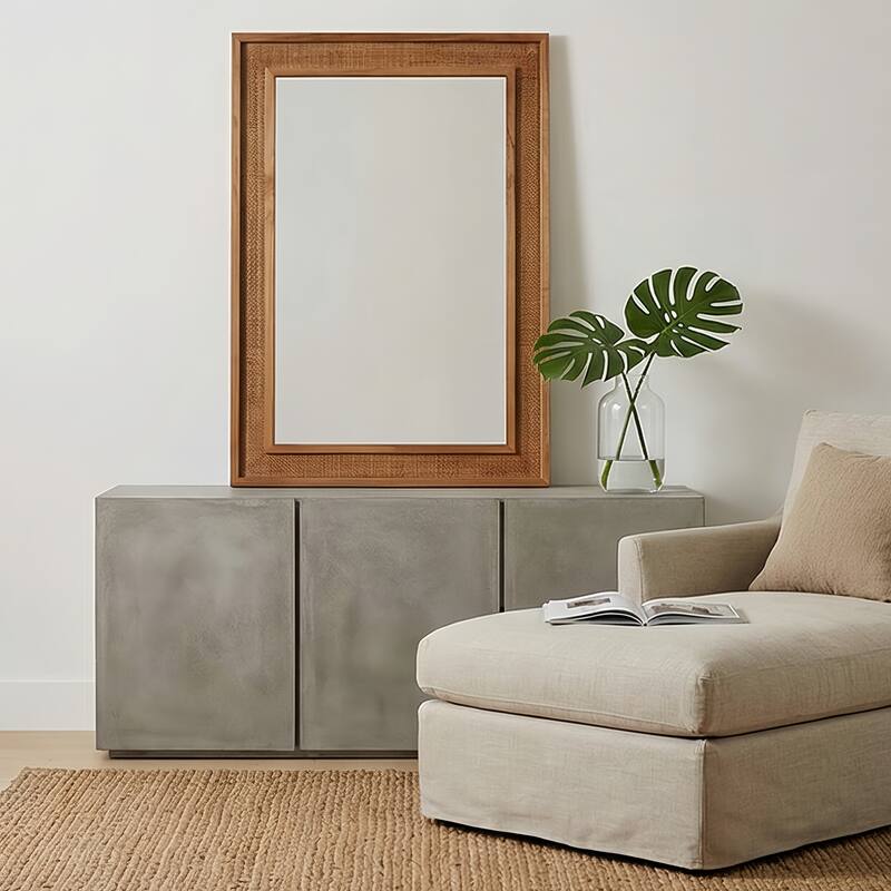 Coastal Boho Rattan Rectangle Wood Frame Wall Mirror