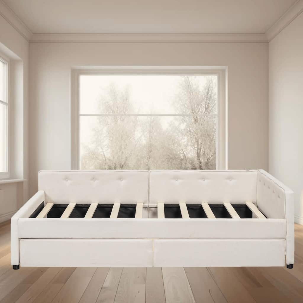 Modern Upholstered Full Queen Platform Bed Frame with USB Ports, 2 Storage Drawers, and No Box Spring Needed, Daybed Sofa Bed