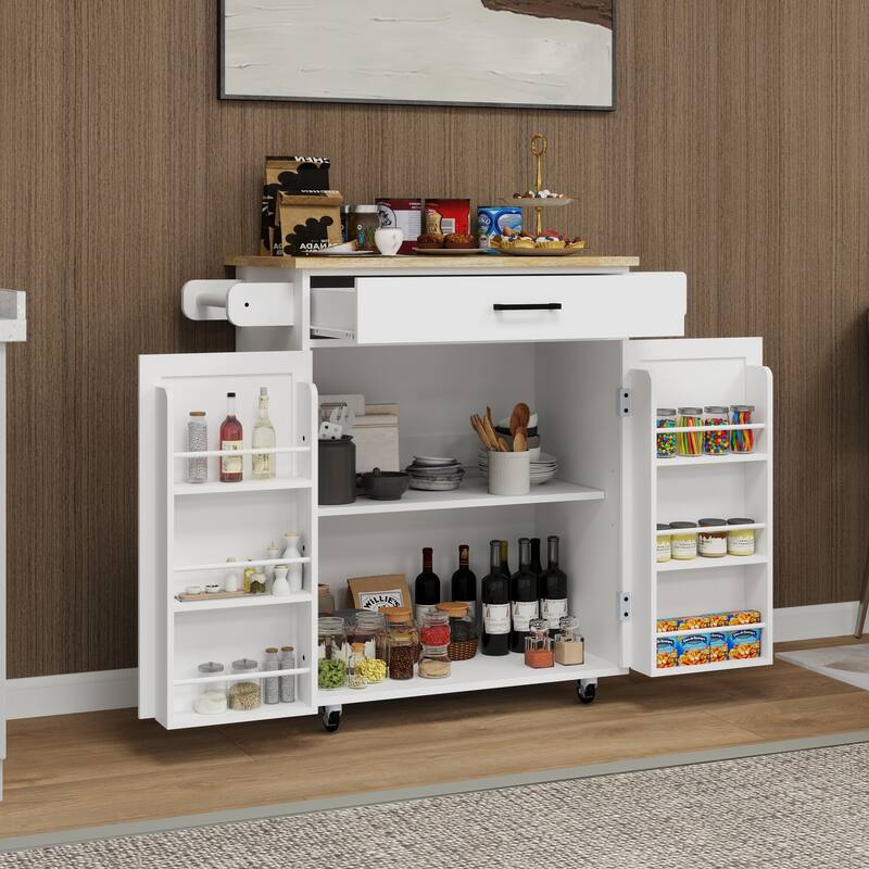 Anmytek Rolling Kitchen Island Cart Rubber Wood Top 1 Drawer 2 Doors Adjustable Shelves Towel Rack Seasoning Rack