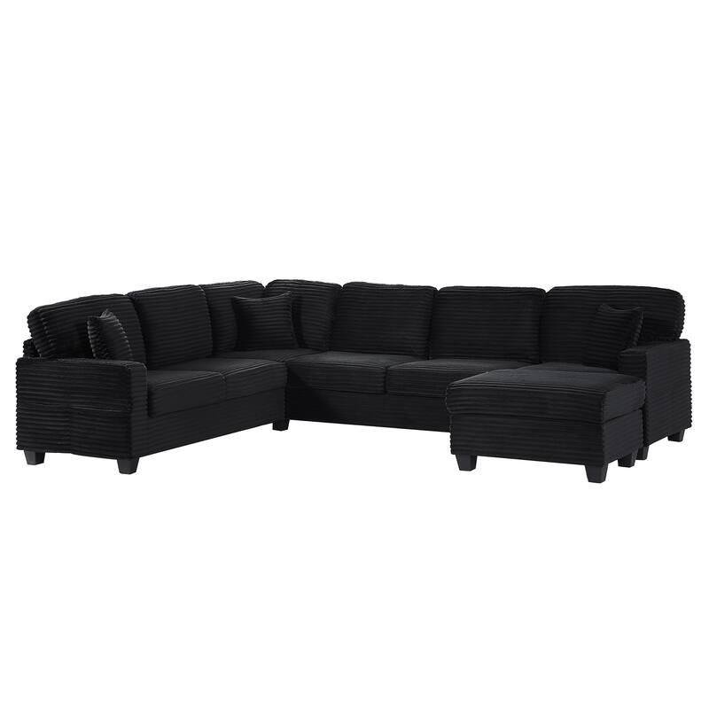 U Shaped Sectional Sofa with 1 Movable Ottoman, Corduroy Upholstered 6 Seater Sofa, Corner Sofa with Storage Pockets