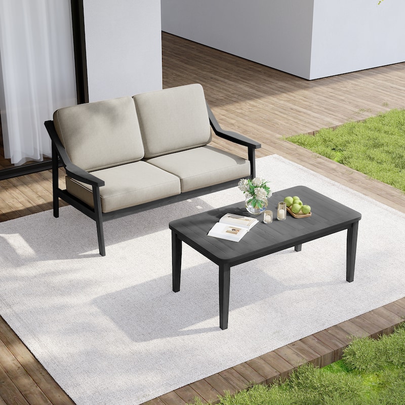 Outdoor Wood Teak Cushioned Patio 2 Seater Loveseat with Coffee Table
