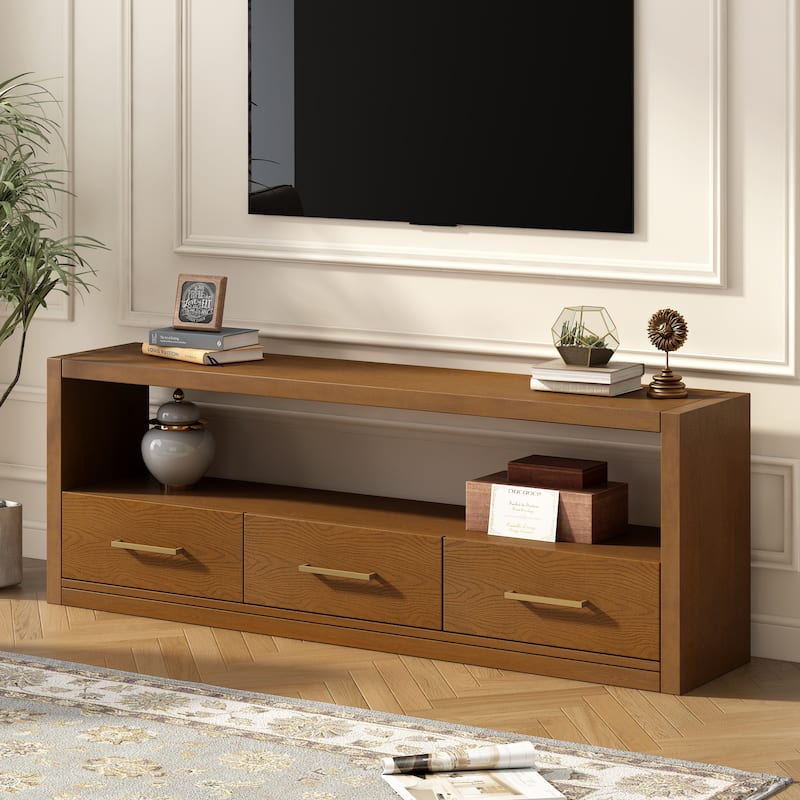 Minimalist Wood TV Stand with 3 Drawers and Large Storage Capacity Shelf for Living Room Bedroom and Office - Brown