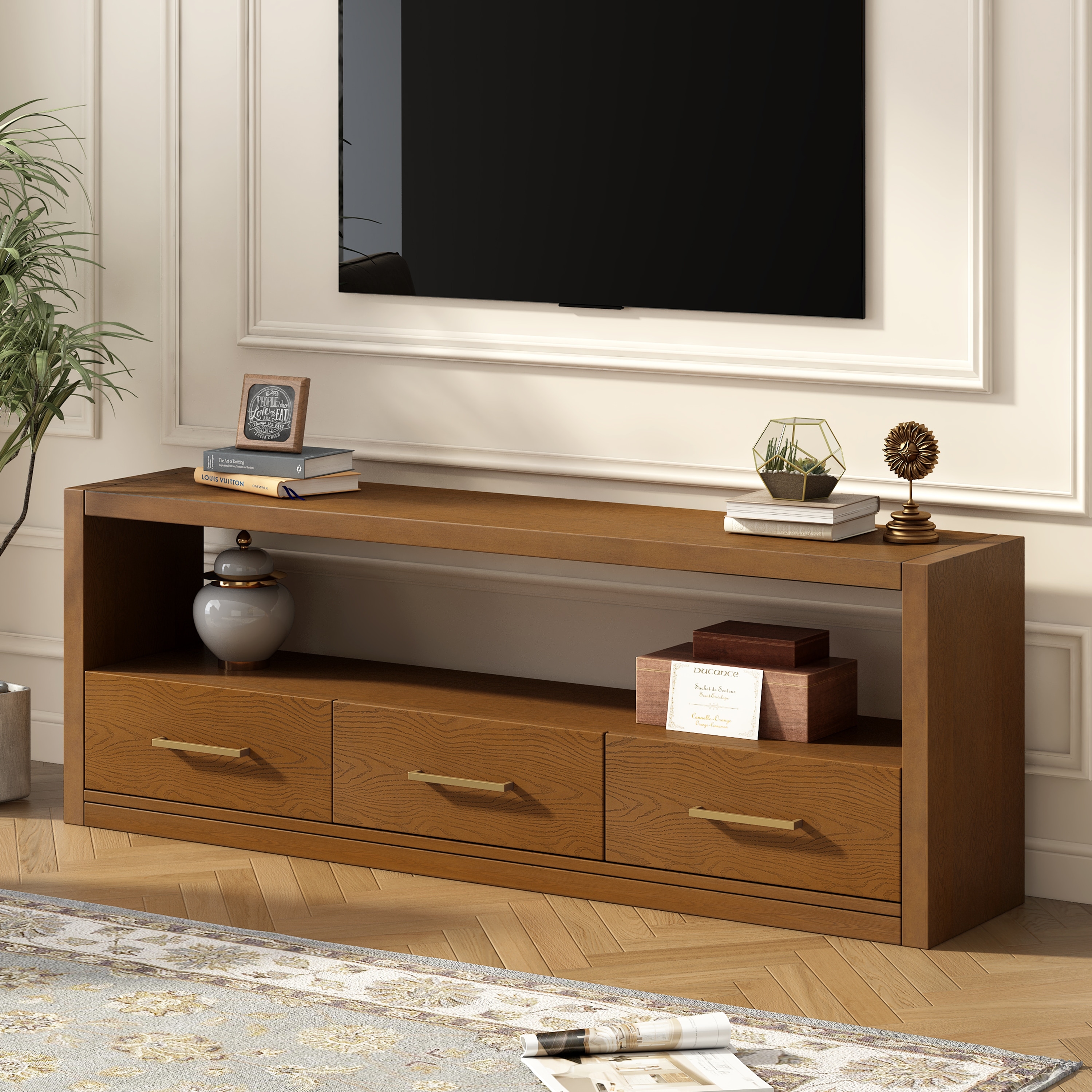 Modern TV Stand, Stylish Sideboard Decorative Table with 3 Drawers, for Living Rooms Bedroom or Hallway, Brown