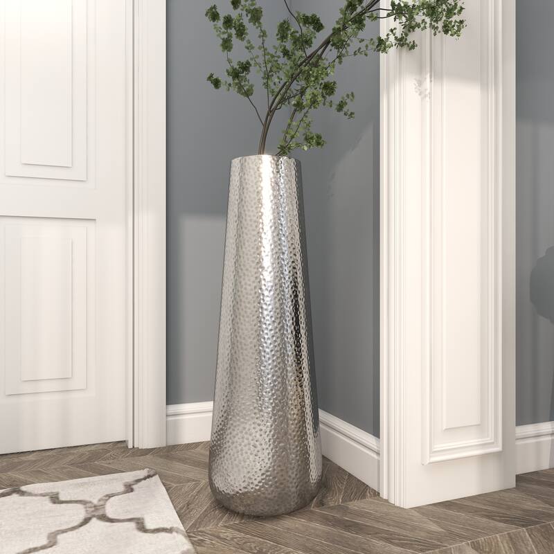 Silver Aluminum Metal Tall Hammered Vase