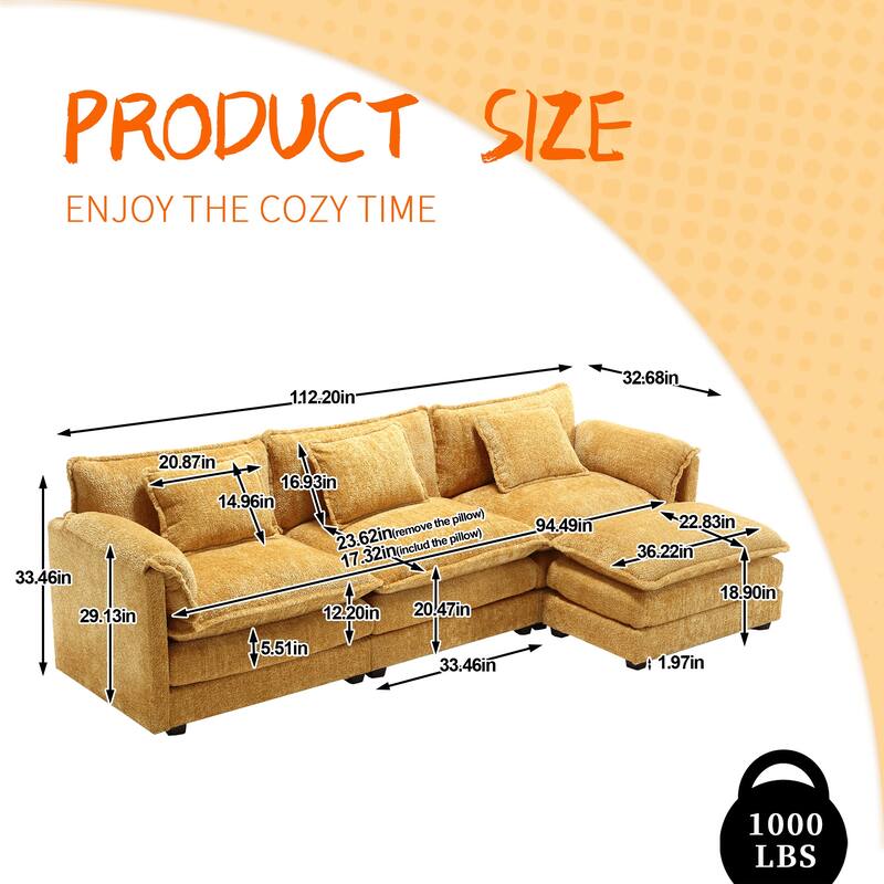 Chenille Fabric L-Shape Comfy Oversized three-seat Modular Sectional Sofa