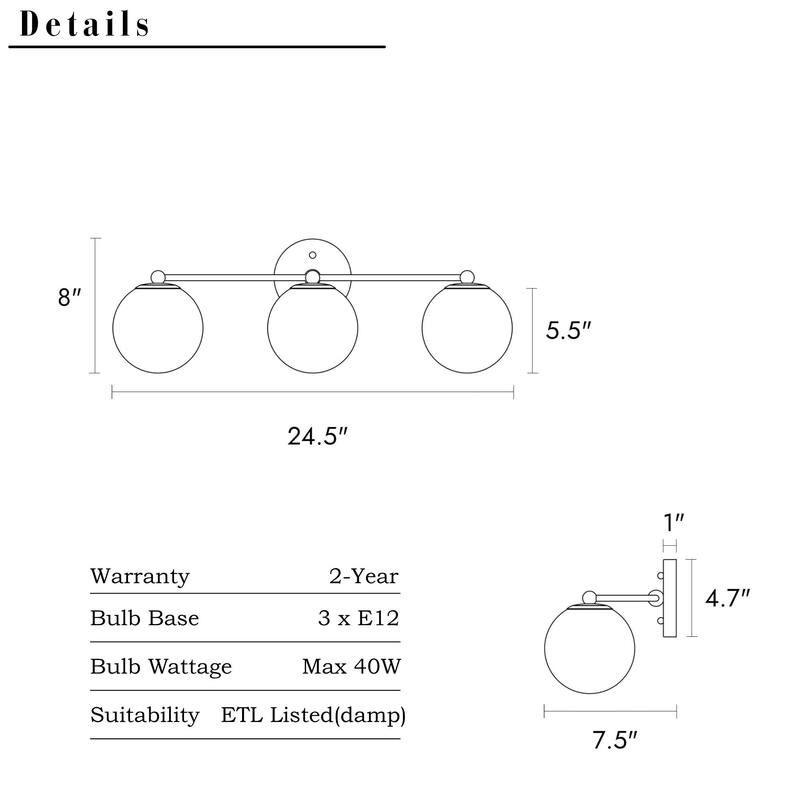 Modern 3-Light Black Bathroom Vanity Lights Linear Fixtures with Clear Triple-globe Glass Shades Wall Sconces for Bathroom