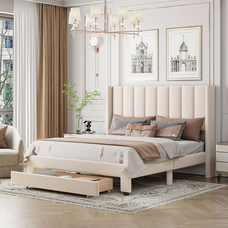 Velvet Upholstered Platform Bed with a Big Drawer,Full/Queen Size
