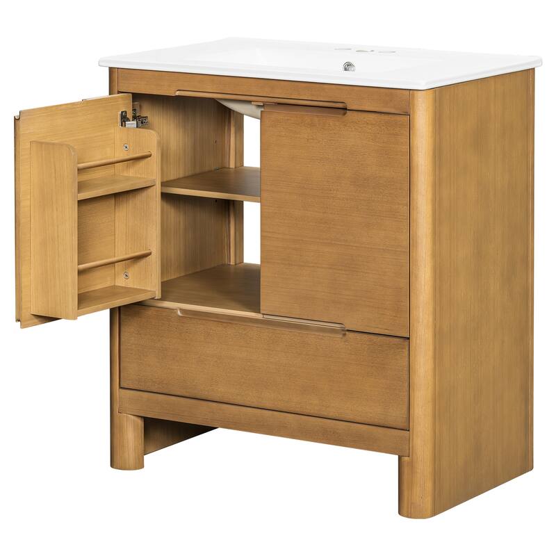 30"Softened Modern Bathroom Vanity with Ceramic Sink, Solid Wood Frame, Soft-Close Doors & Drawer, Adjustable Shelf