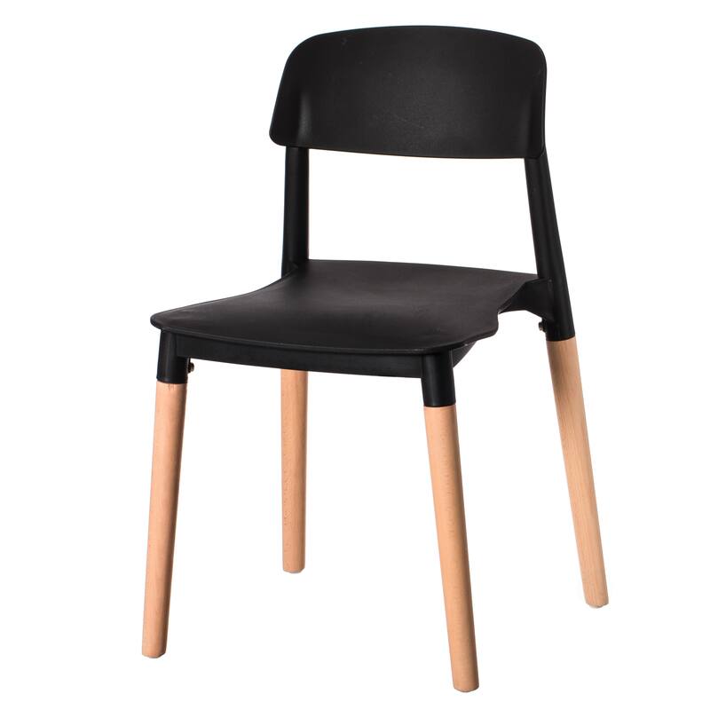 Modern Open Back Plastic Dining Chair with Beech Wood Legs - Single Black