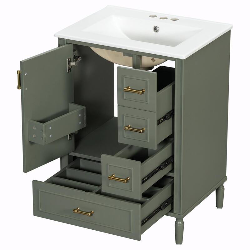 24" Modern Bathroom Vanity with Ceramic Sink, Soft-Close Door, 3 Drawers, Gold Handles & Door Rack