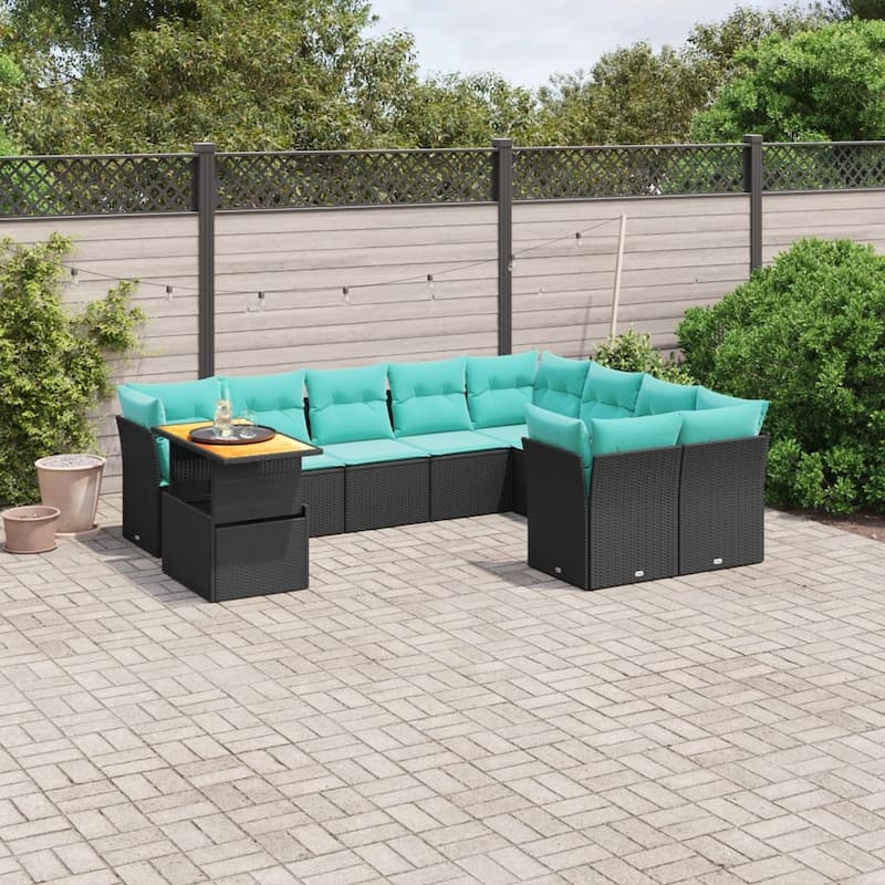 vidaXL Patio Sofa Set with Cushions Outdoor Furniture 10 Piece Poly Rattan - 24.4" x 24.4" x 27.2" - Black and blue - form1