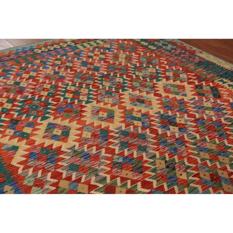 Kilim Oriental Area Rug Hand-Woven Geometric Wool Carpet - 8'3"x 9'8"