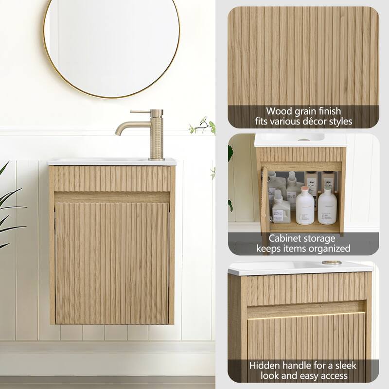 16" Floating Wall-Mounted Bathroom Vanity with White Intergrated Resin Sink Ample Storage Design