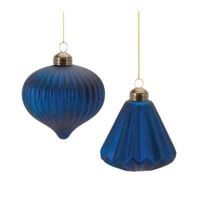 Club Pack of 12 Blue Ribbed Glass Christmas Onion Bell Ornaments 3.5"