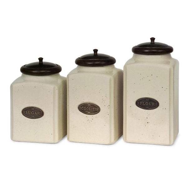 Set Of 3 Labeled Ivory Ceramic Kitchen Canisters With Lids Set Of 3 Labeled Ivory Ceramic Kitchen Canisters With Lids White