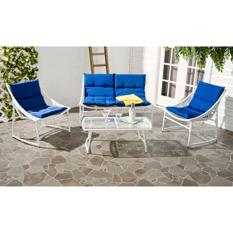 SAFAVIEH Outdoor Hildrun Rattan 4-Piece Set - 28W x 30D x 50H - White/Navy