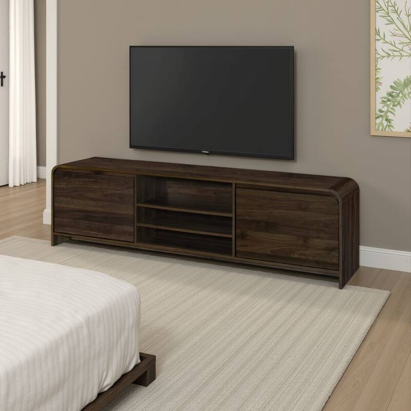 Maria TV Stand Media Cabinet, 2 Drawer and Shelves, Brown Wood 71 Inch