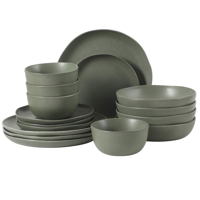 Gibson Elite Menlo Park 16-Piece Pottery Clay Stoneware Dinnerware Set - Reactive Glaze, Embossed, Service for 4 - Green