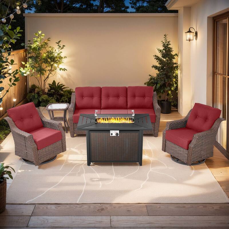 5-Piece Sofa Swivel Chairs with 43" Firepit Table - Brown Wicker & Red Cushion