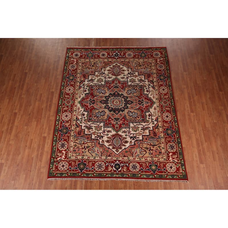 Geometric Ivory Heriz Serapi Oriental Area Rug Handmade Wool Carpet - 7'11" X 9'9"
