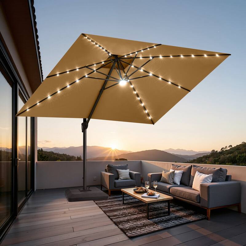 Solar-Powered LED Light 11 FT Aluminum Patio Cantilever Umbrella with Base - Tan