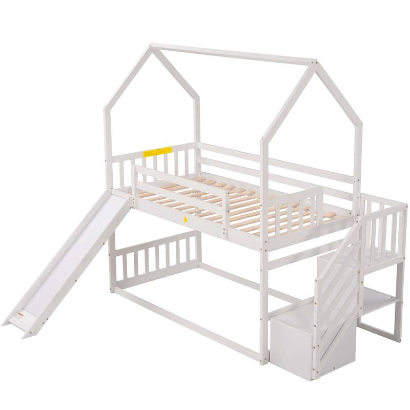 Convertible Twin Bunk Bed with Slide and Storage Staircase, White
