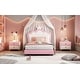 preview thumbnail 3 of 37, Twin Upholstered Platform Bed with Crown-Shaped Headboard, Pink & White Princess Design, Sturdy PU Leather Frame