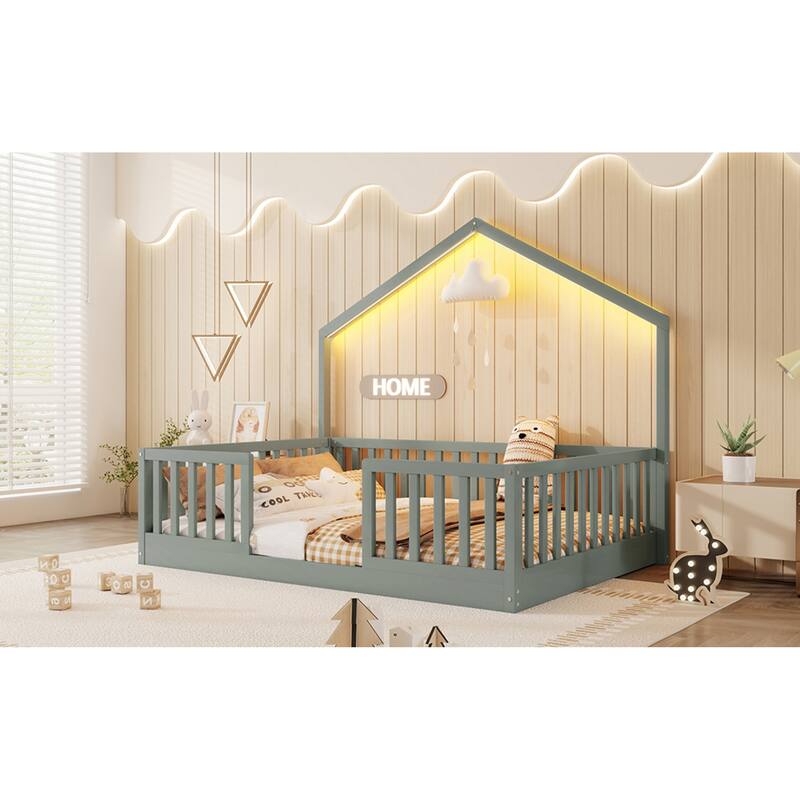 Roomfitters Twin/Full Floor Platform Bed, House Frame and LED Light with Wooden High Rails for Bedrooms or Guest Rooms