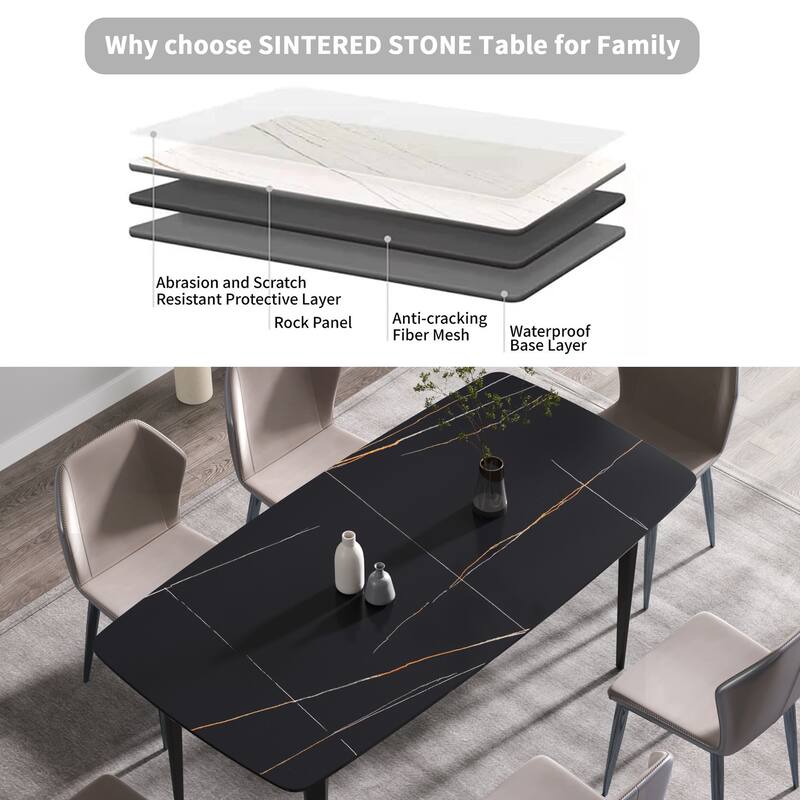 70.87"Modern artificial stone curved black metal leg dining table-can accommodate 6-8 people